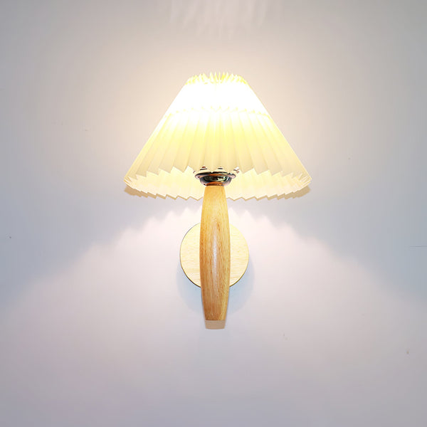 white linen pleated fabric wood wall sconce
