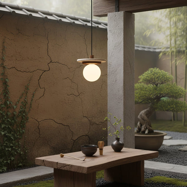 white travertine disk pendant light