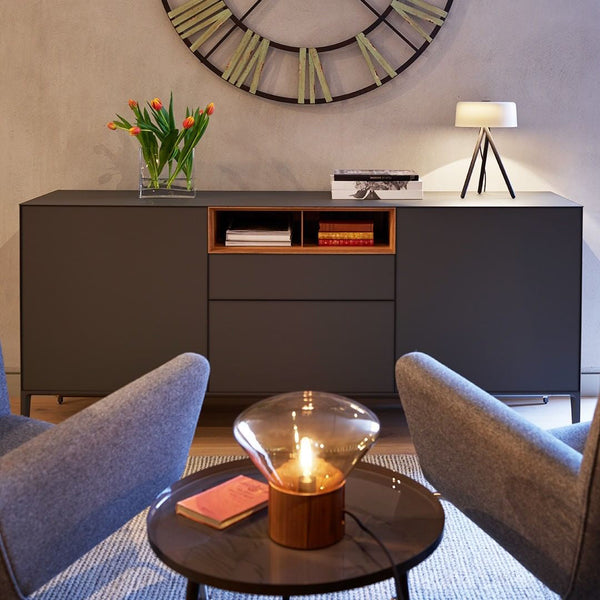 wood blown glass table lamp