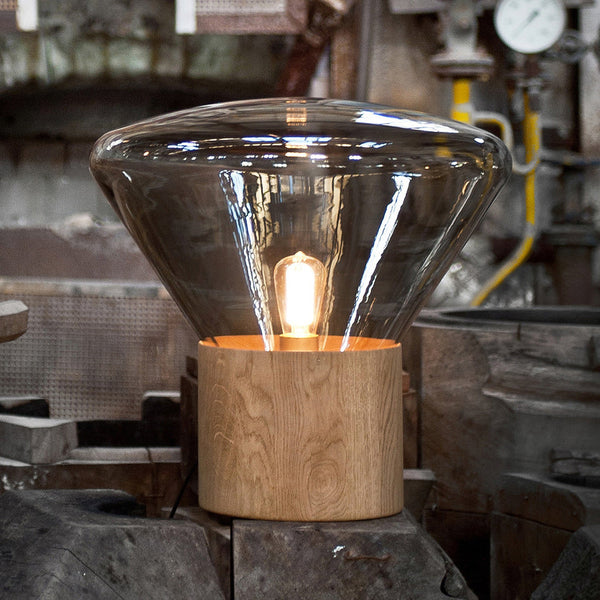wood blown glass table lamp