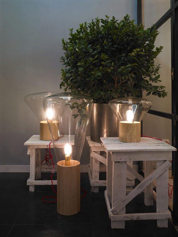 wood blown glass table lamp