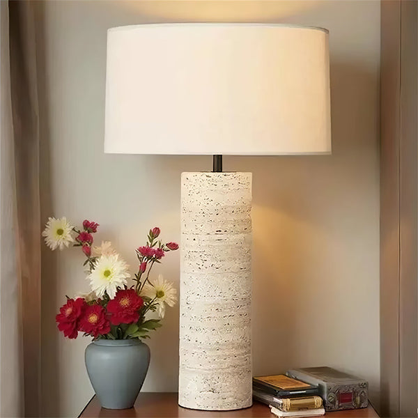 yellow travertine column table lamp off white shade
