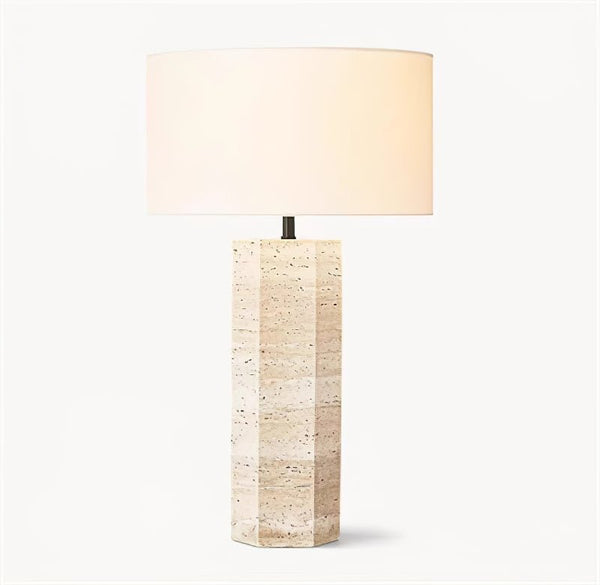 yellow travertine column table lamp off white shade