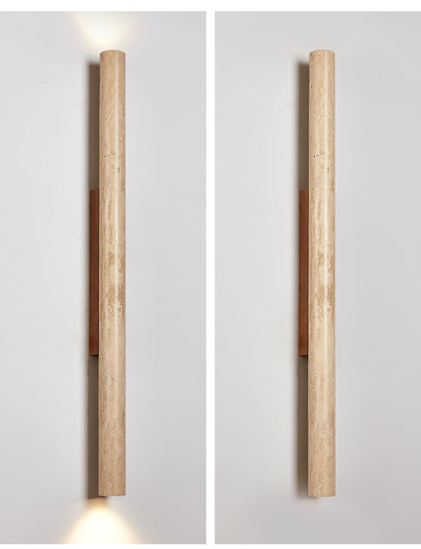yellow travertine column wall sconce with dark walnut wood