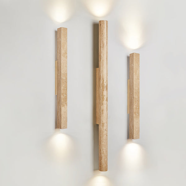 yellow travertine column wall sconce with dark walnut wood