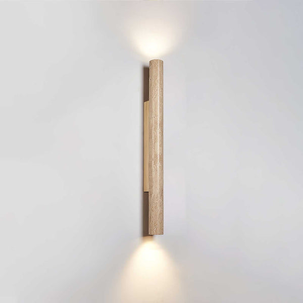 yellow travertine column wall sconce with dark walnut wood