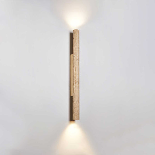 yellow travertine column wall sconce with dark walnut wood