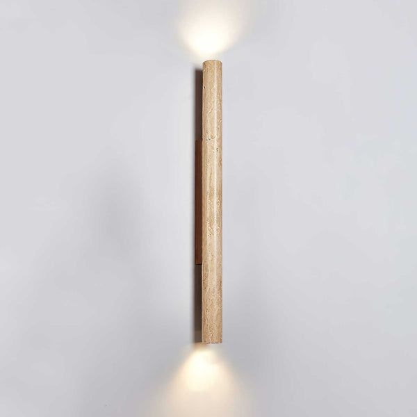 yellow travertine column wall sconce with dark walnut wood