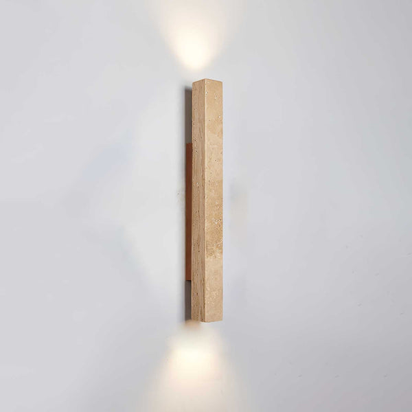 yellow travertine column wall sconce with dark walnut wood