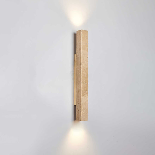 yellow travertine column wall sconce with dark walnut wood
