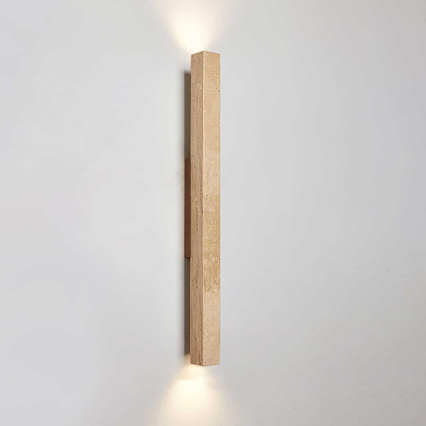 yellow travertine column wall sconce with dark walnut wood