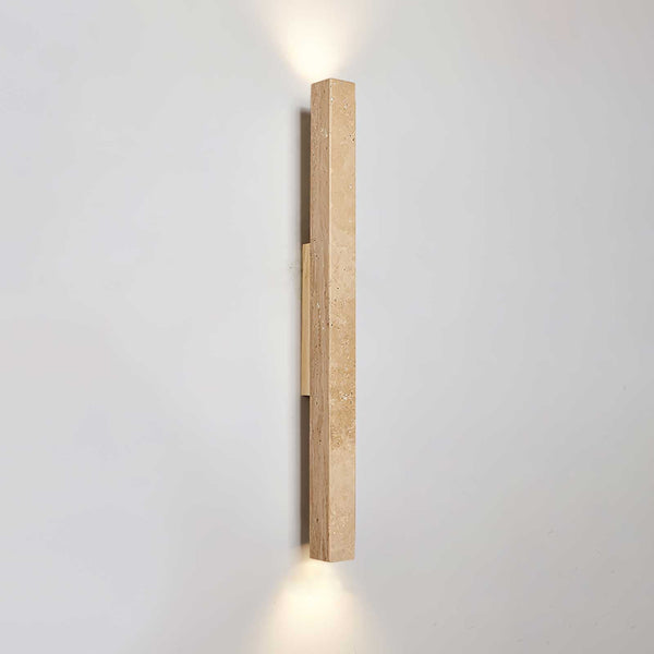 yellow travertine column wall sconce with dark walnut wood