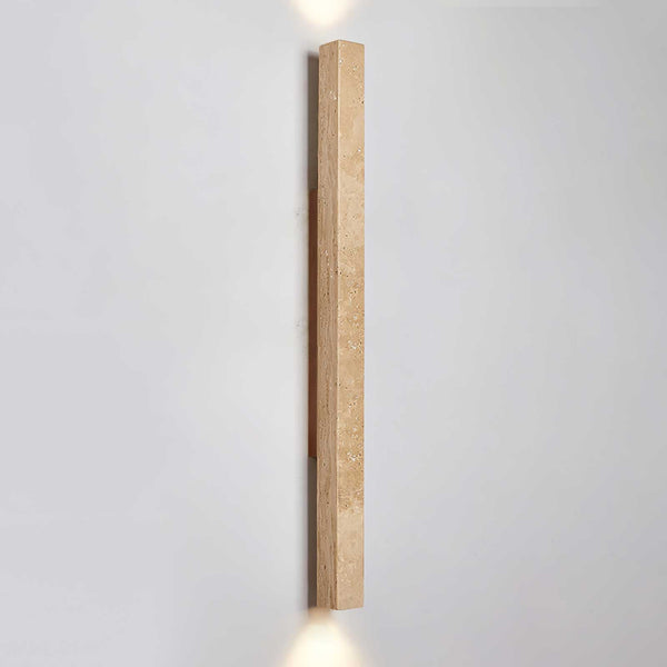 yellow travertine column wall sconce with dark walnut wood