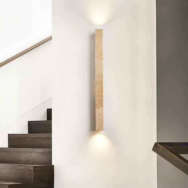 yellow travertine column wall sconce with dark walnut wood