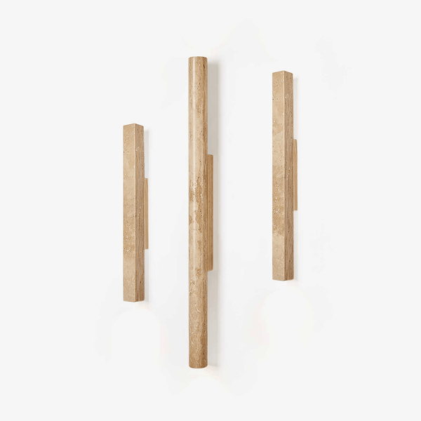 yellow travertine column wall sconce with dark walnut wood
