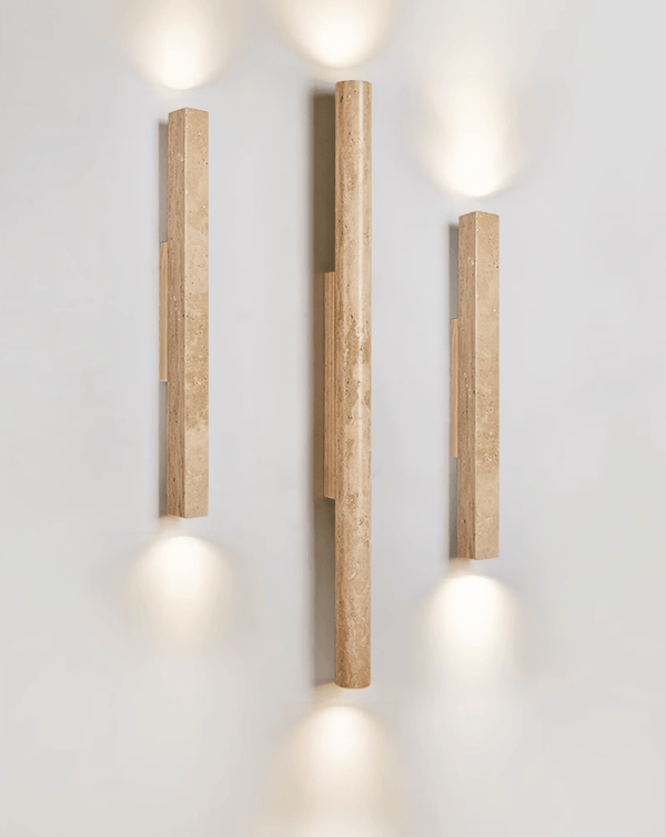 yellow travertine column wall sconce with dark walnut wood