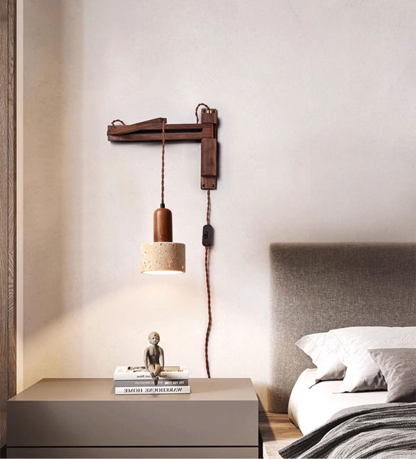 yellow travertine dome wall sconce walnut arm