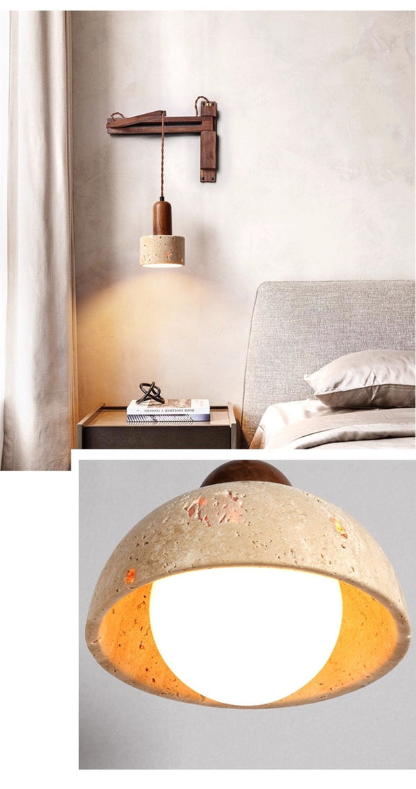 yellow travertine dome wall sconce walnut arm