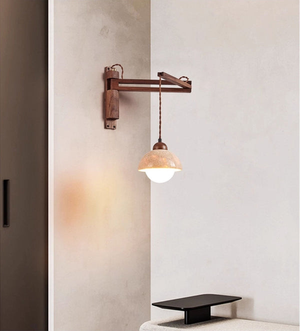 yellow travertine dome wall sconce walnut arm