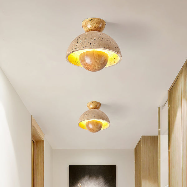 yellow travertine dome wood accent ceiling light