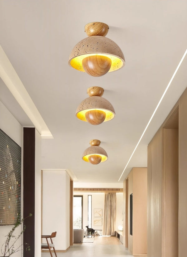 yellow travertine dome wood accent ceiling light