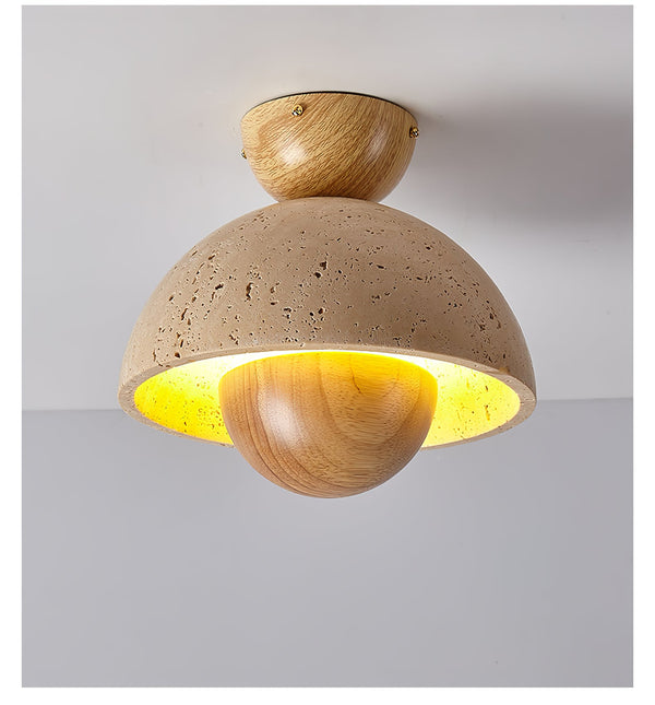 yellow travertine dome wood accent ceiling light