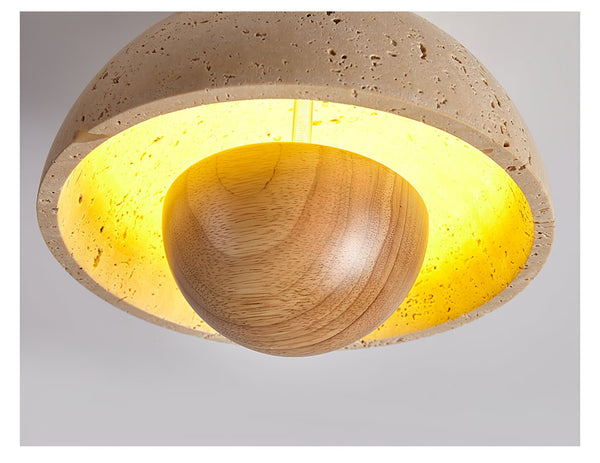 yellow travertine dome wood accent ceiling light