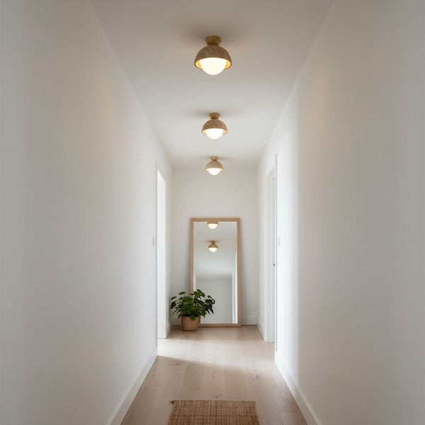 yellow travertine dome wood accent ceiling light