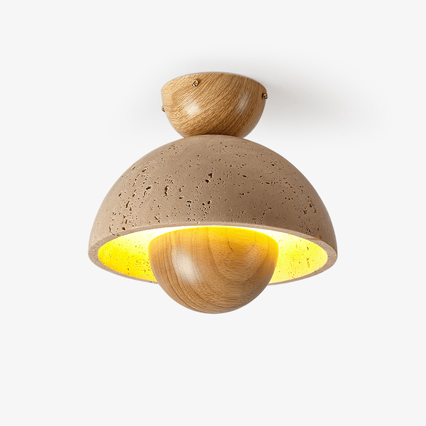 yellow travertine dome wood accent ceiling light