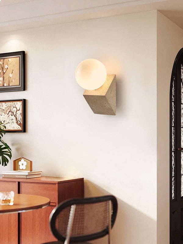 yellow travertine opal glass orb wall sconce