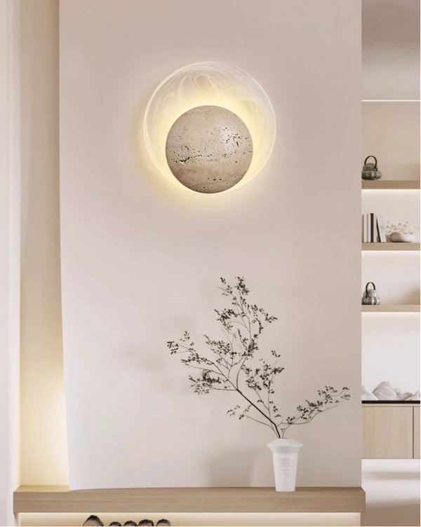 yellow travertine sphere led wall sconce