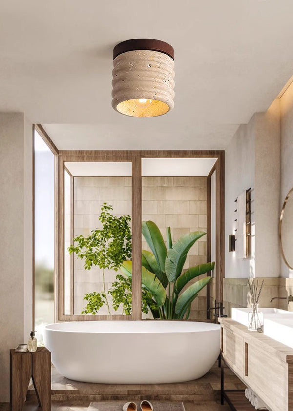 yellow travertine walnut drum flush mount ceiling light