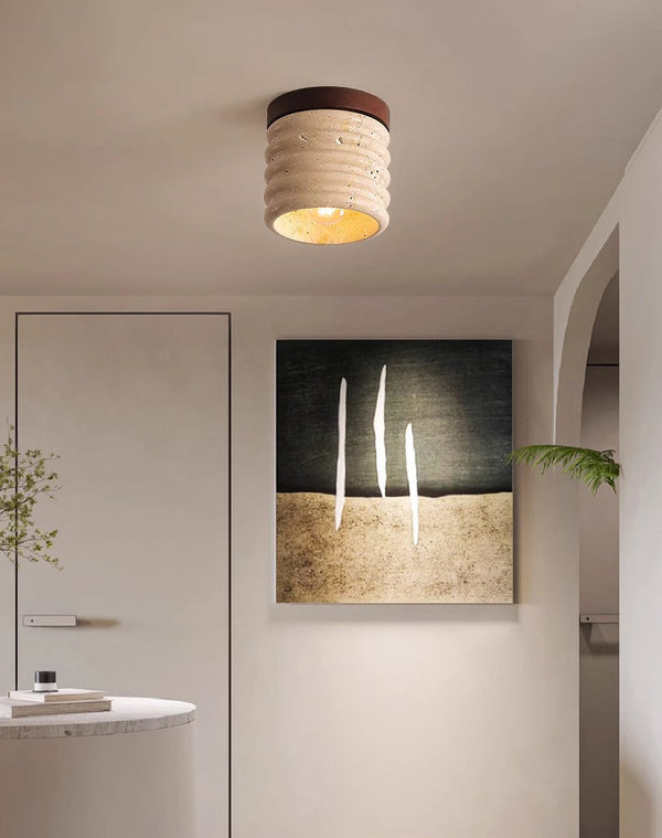 yellow travertine walnut drum flush mount ceiling light