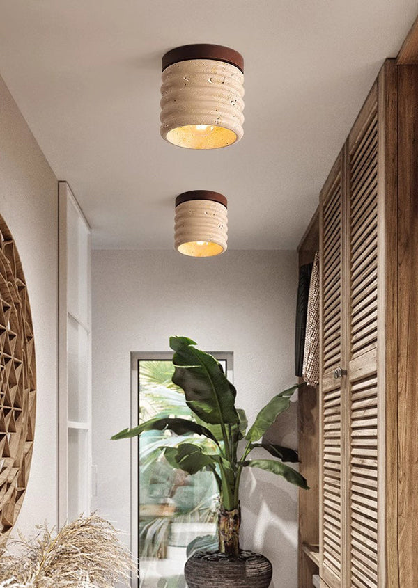 yellow travertine walnut drum flush mount ceiling light