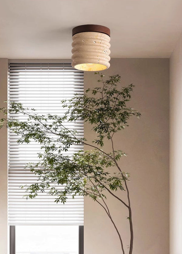 yellow travertine walnut drum flush mount ceiling light