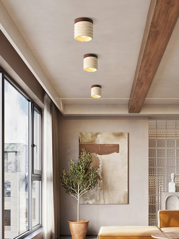 yellow travertine walnut drum flush mount ceiling light