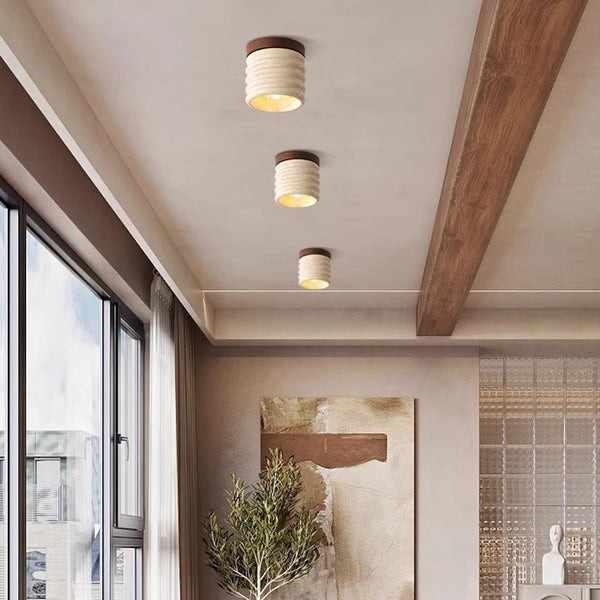 yellow travertine walnut drum flush mount ceiling light