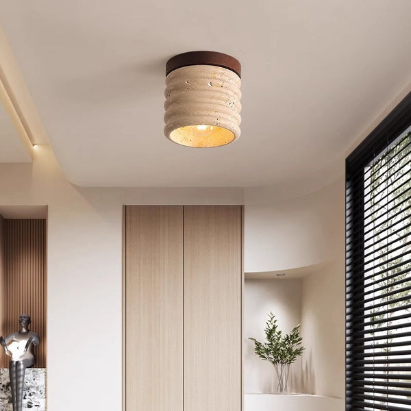 yellow travertine walnut drum flush mount ceiling light